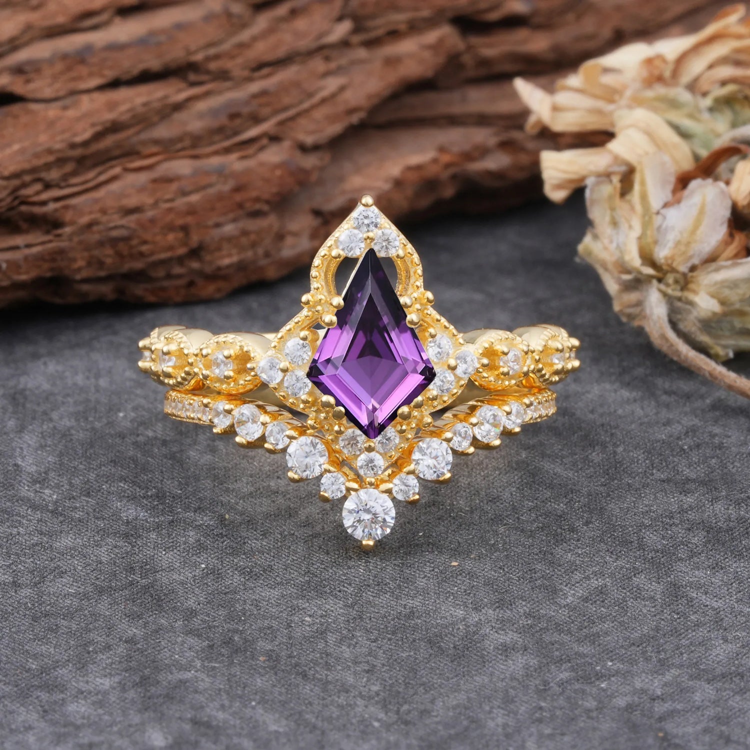 Unique Cut Kite Cut Natural Amethyst Cluster Engagement Ring Set