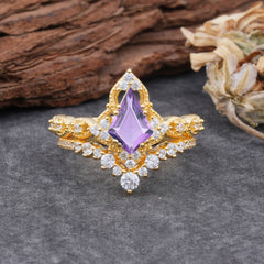Unique Cut Kite Cut Natural Amethyst Cluster Engagement Ring Set 2pcs