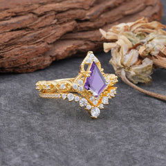 Unique Cut Kite Cut Natural Amethyst Cluster Engagement Ring Set 2pcs