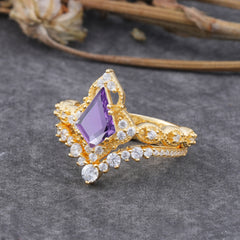 Unique Cut Kite Cut Natural Amethyst Cluster Engagement Ring Set 2pcs