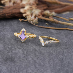 Unique Cut Kite Cut Natural Amethyst Cluster Engagement Ring Set 2pcs