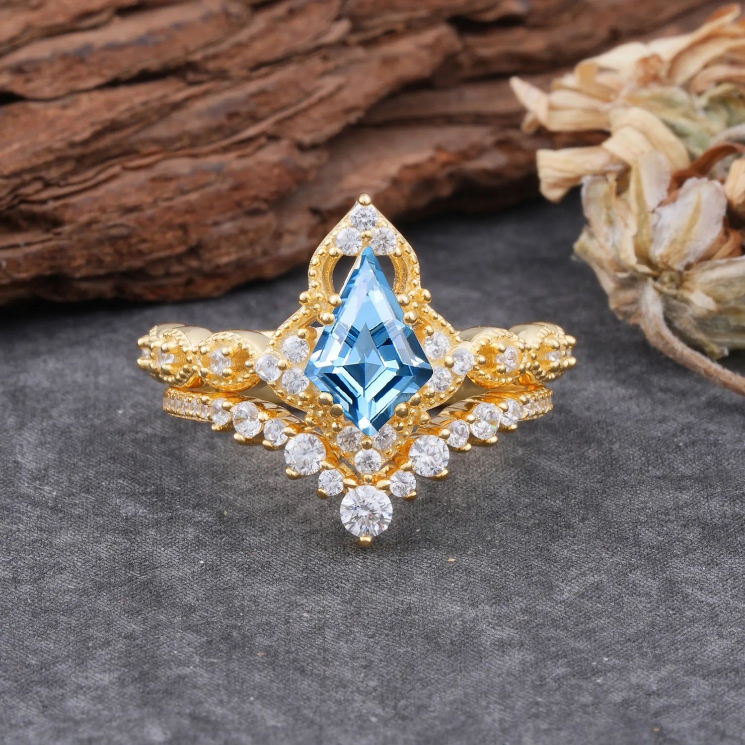 Unique Cut Kite Cut Aquamarine Cluster Engagement Ring Set