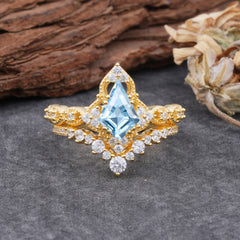 Unique Cut Kite Cut Natural Aquamarine Cluster Engagement Ring Set 2pcs