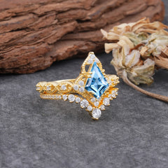 Unique Cut Kite Cut Aquamarine Cluster Engagement Ring Set 2pcs
