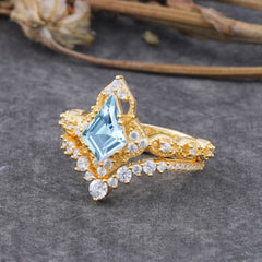 Unique Cut Kite Cut Natural Aquamarine Cluster Engagement Ring Set 2pcs