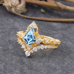 Unique Cut Kite Cut Aquamarine Cluster Engagement Ring Set 2pcs