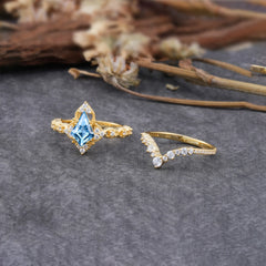 Unique Cut Kite Cut Aquamarine Cluster Engagement Ring Set 2pcs
