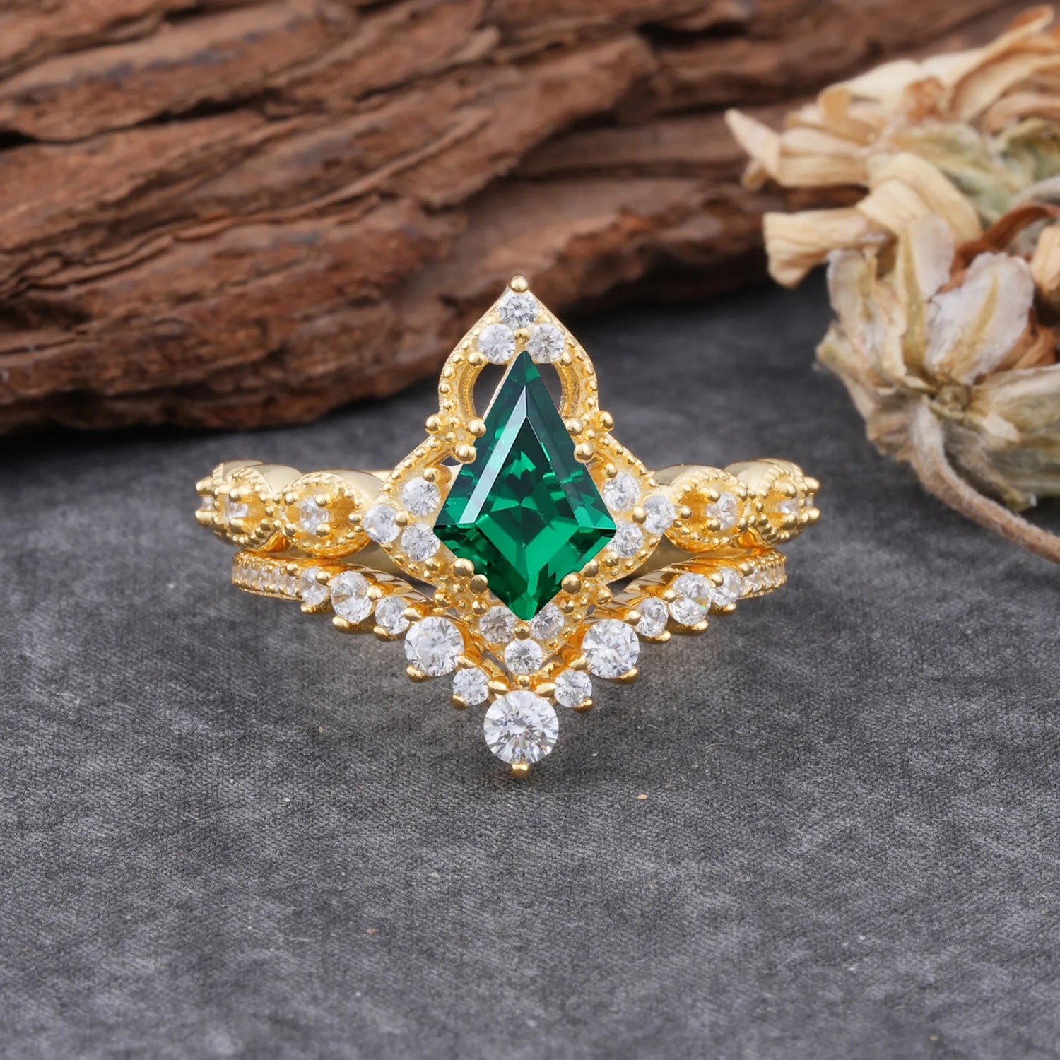 Unique Cut Kite Cut Emerald Cluster Engagement Ring Set