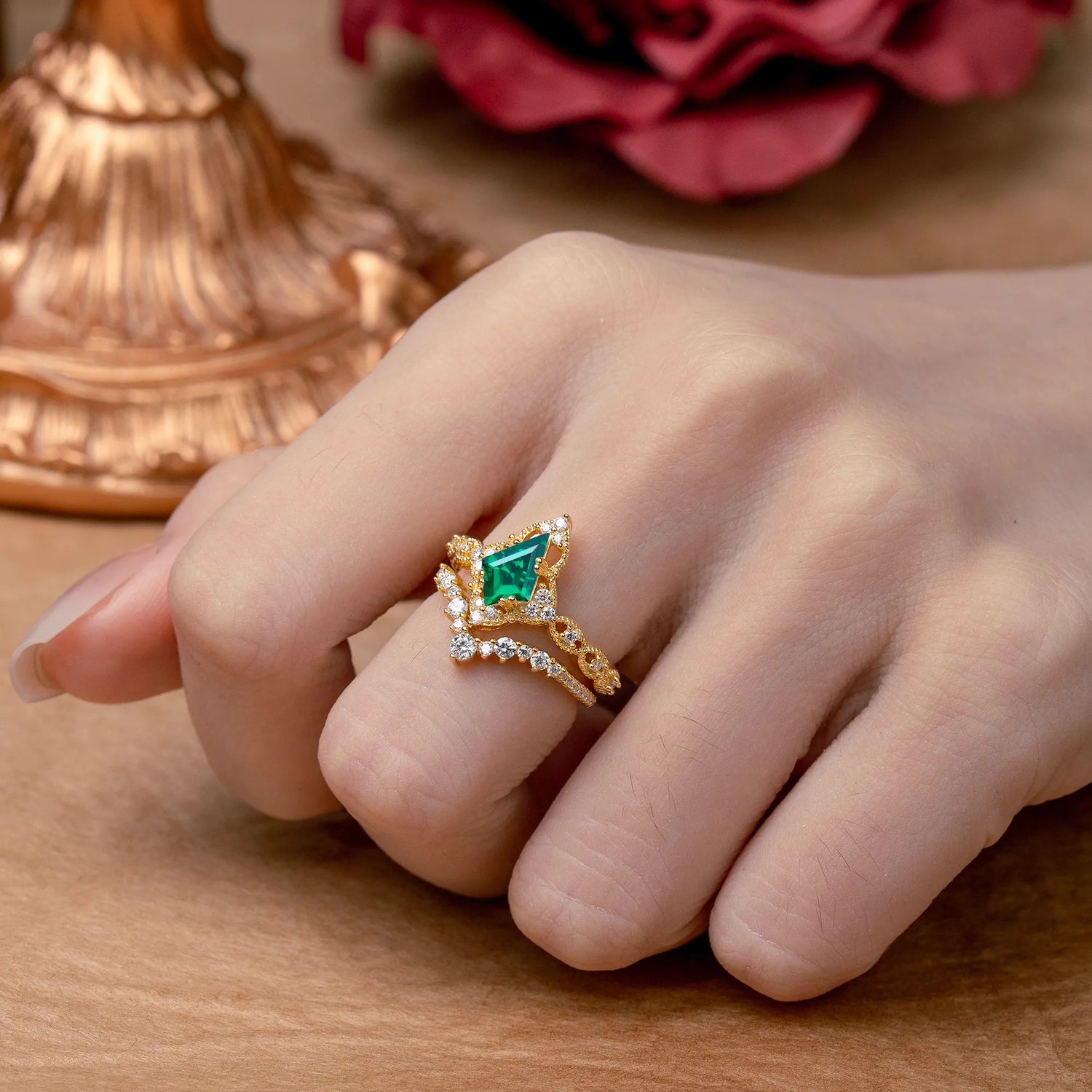 Unique Cut Kite Cut Emerald Cluster Engagement Ring Set