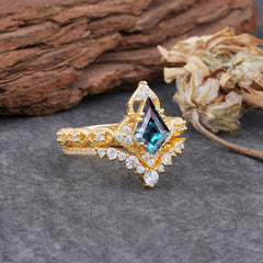 Unique Cut Kite Cut Natural Alexandrite Cluster Engagement Ring Set 2pcs