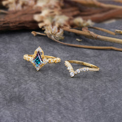 Unique Cut Kite Cut Natural Alexandrite Cluster Engagement Ring Set 2pcs
