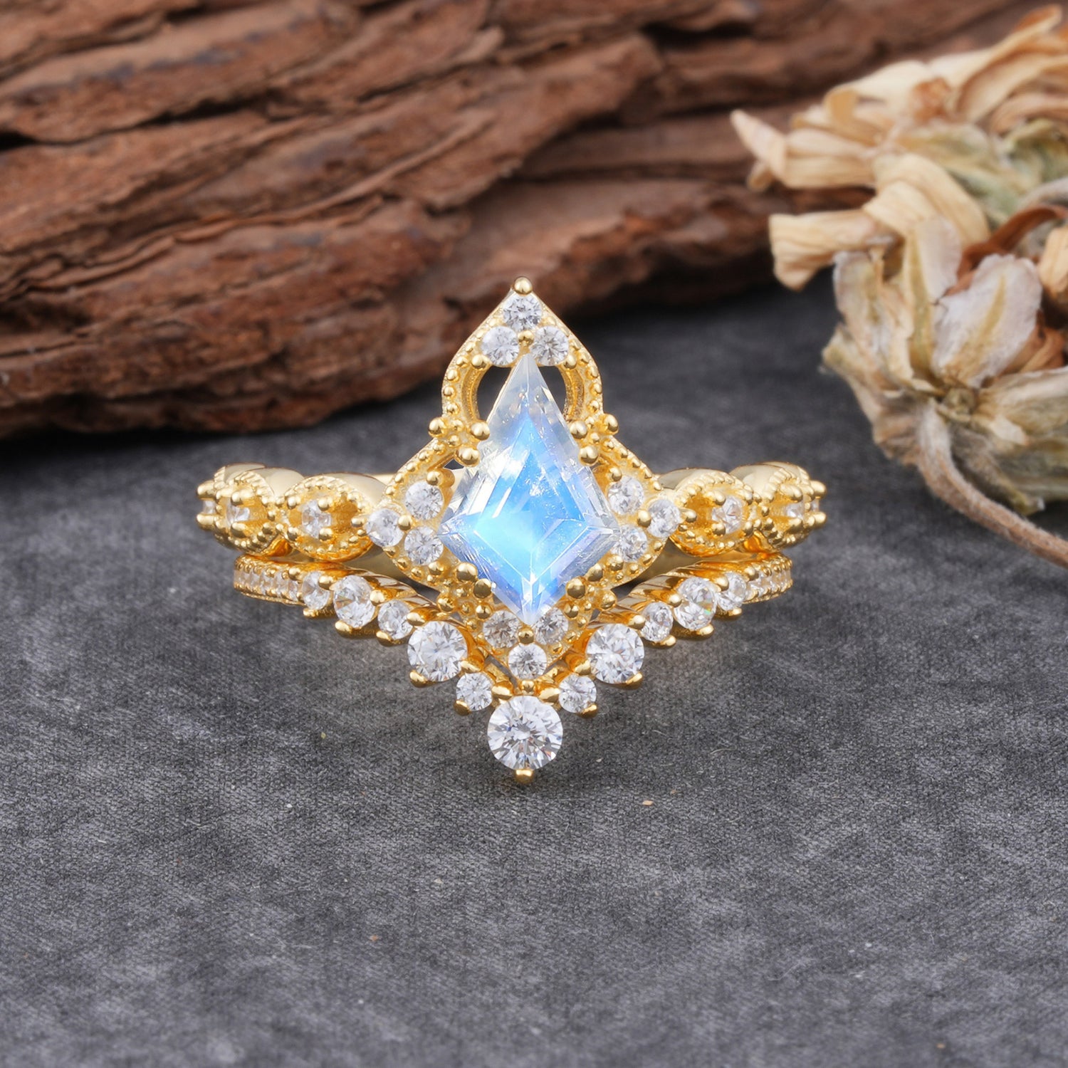 Unique Cut Kite Cut Moonstone Cluster Engagement Ring Set