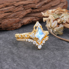 Unique Cut Kite Cut Moonstone Cluster Engagement Ring Set 2pcs