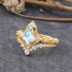 Unique Cut Kite Cut Moonstone Cluster Engagement Ring Set 2pcs