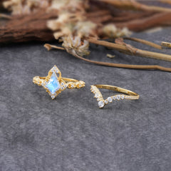 Unique Cut Kite Cut Moonstone Cluster Engagement Ring Set 2pcs