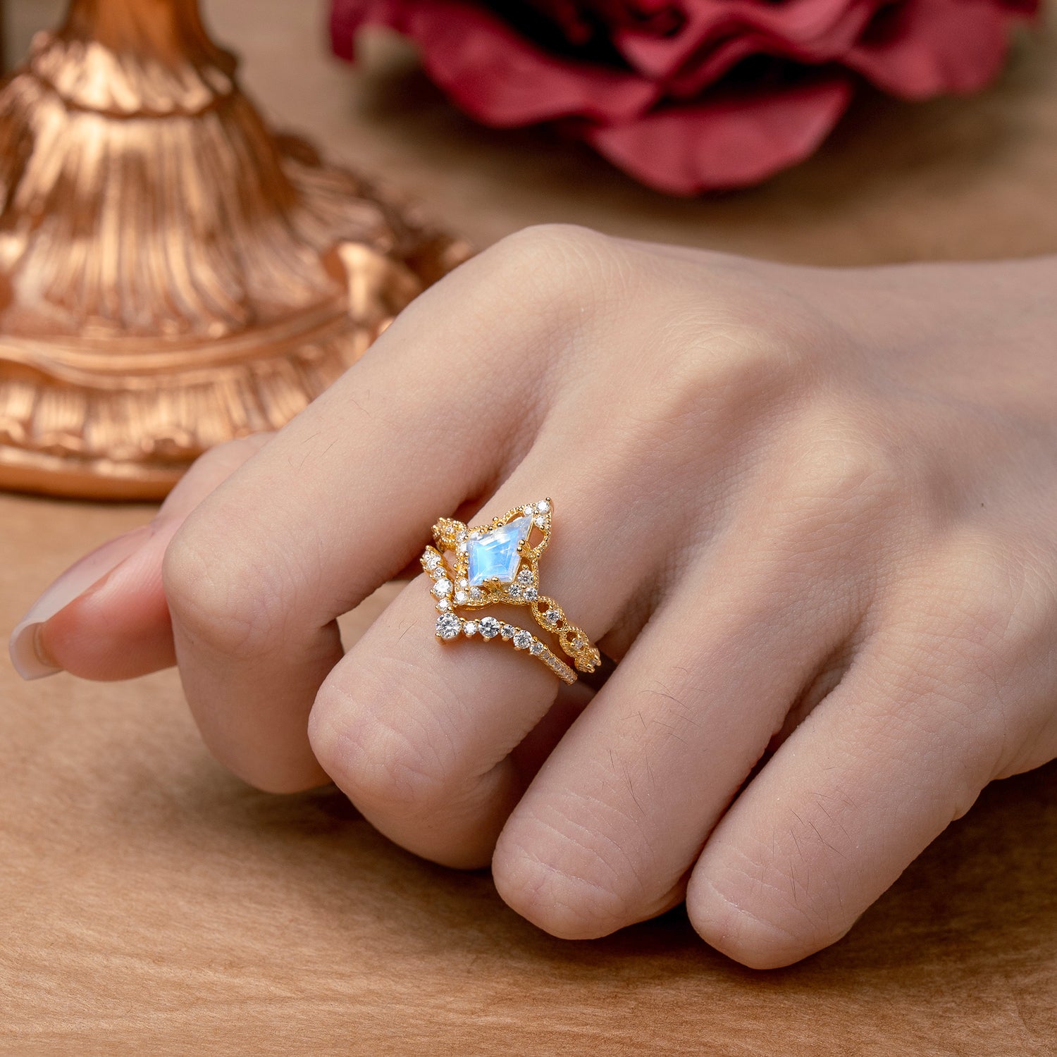 Unique Cut Kite Cut Moonstone Cluster Engagement Ring Set