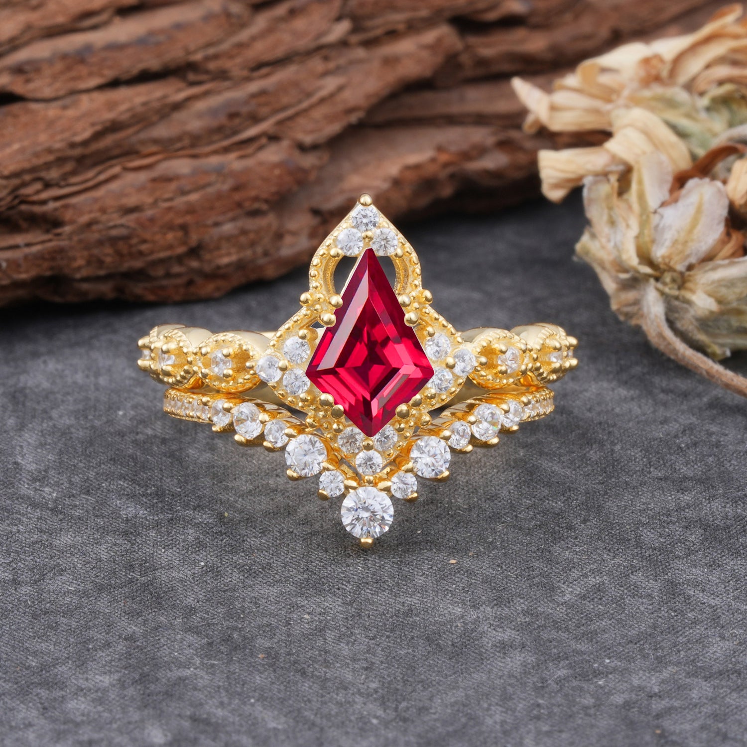 Unique Cut Kite Cut Ruby Cluster Engagement Ring Set