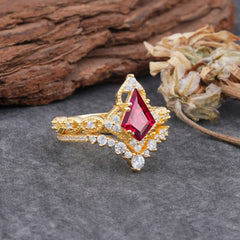 Unique Cut Kite Cut Natural Ruby Cluster Engagement Ring Set 2pcs