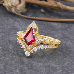 Unique Cut Kite Cut Natural Ruby Cluster Engagement Ring Set 2pcs