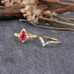 Unique Cut Kite Cut Natural Ruby Cluster Engagement Ring Set 2pcs