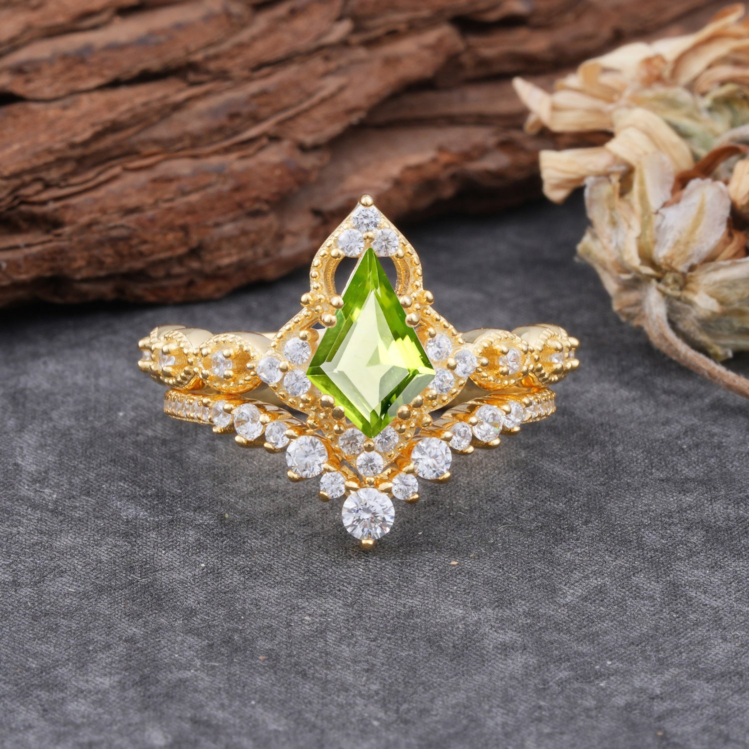 Unique Cut Kite Cut Peridot Cluster Engagement Ring Set