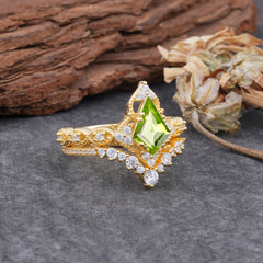 Unique Cut Kite Cut Peridot Cluster Engagement Ring Set 2pcs