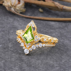 Unique Cut Kite Cut Peridot Cluster Engagement Ring Set 2pcs