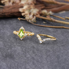 Unique Cut Kite Cut Peridot Cluster Engagement Ring Set 2pcs