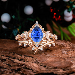 Unique Pear Shaped Engagement Ring Set Sapphire Cluster Wedding Band