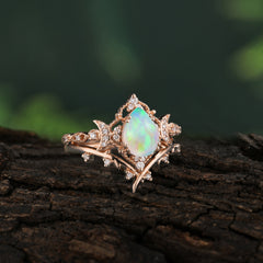 Unique Pear Shaped Engagement Ring Set Opal Cluster Wedding Band