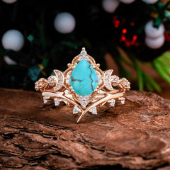 Unique Pear Shaped Engagement Ring Set Turquoise Cluster Wedding Band