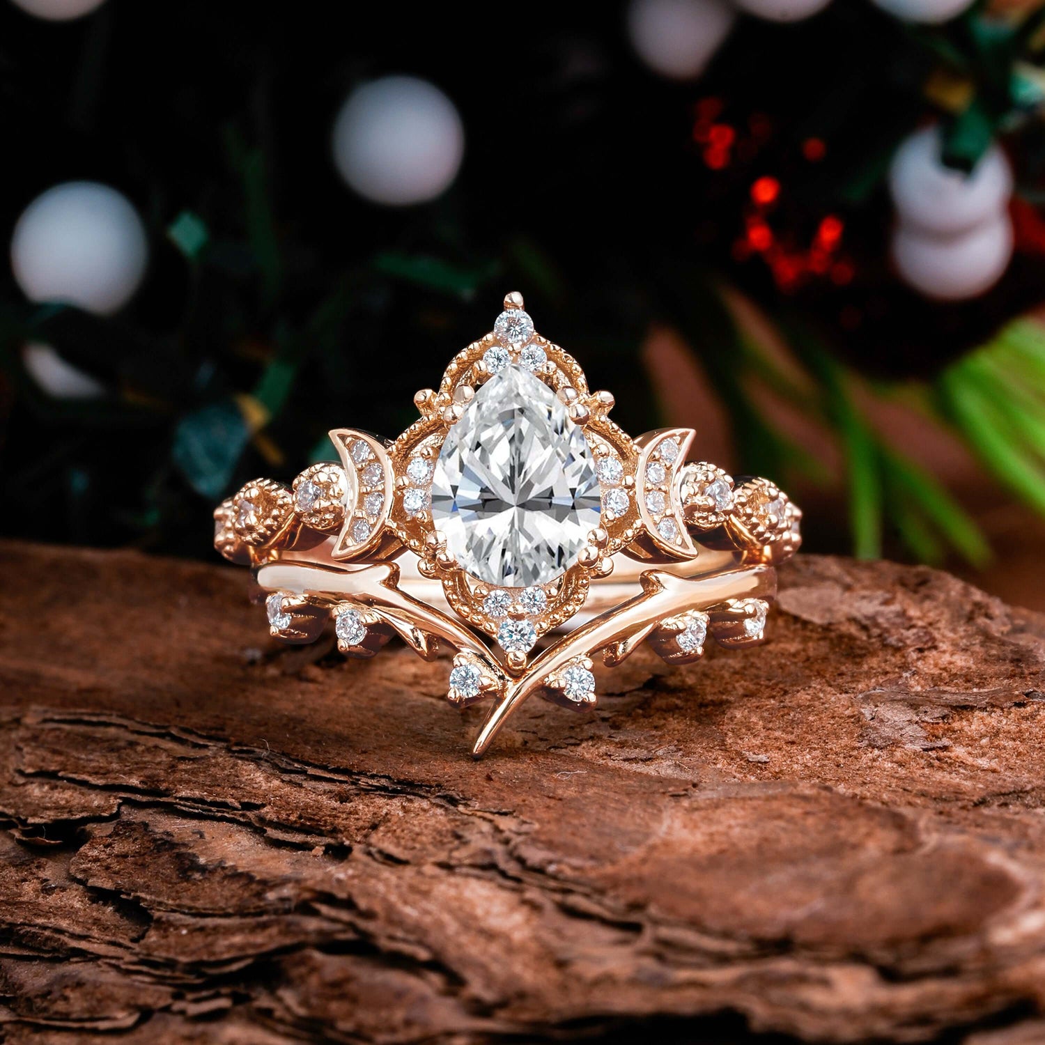 Unique Pear Shaped Lab Diamond Engagement Ring Bridal Set