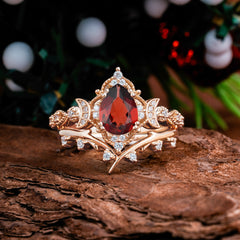 Unique Pear Shaped Engagement Ring Set Garnet Cluster Wedding Band