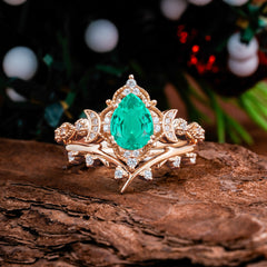 Unique Pear Shaped Engagement Ring Set Emerald Cluster Wedding Band