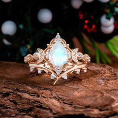 Unique Pear Shaped Engagement Ring Set Moonstone Cluster Wedding Band