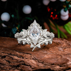 Unique Pear Shaped Engagement Ring Set Moissanite Cluster Wedding Band