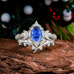 Unique Pear Shaped Engagement Ring Set Sapphire Cluster Wedding Band