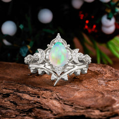 Unique Pear Shaped Engagement Ring Set Opal Cluster Wedding Band