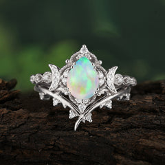 Unique Pear Shaped Engagement Ring Set Opal Cluster Wedding Band