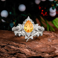 Unique Pear Shaped Engagement Ring Set Citrine Cluster Wedding Band