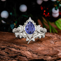 Unique Pear Shaped Engagement Ring Set Tanzanite Cluster Wedding Band
