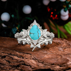 Unique Pear Shaped Engagement Ring Set Turquoise Cluster Wedding Band