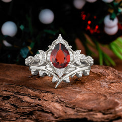Unique Pear Shaped Engagement Ring Set Garnet Cluster Wedding Band