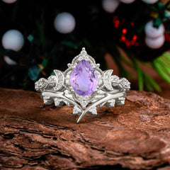 Unique Pear Shaped Engagement Ring Set Amethyst Cluster Wedding Band