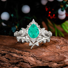 Unique Pear Shaped Engagement Ring Set Emerald Cluster Wedding Band