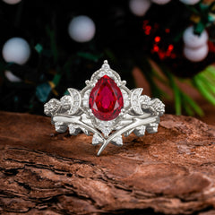 Unique Pear Shaped Engagement Ring Set Ruby Cluster Wedding Band