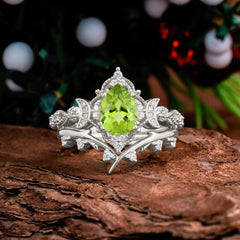 Unique Pear Shaped Engagement Ring Set Peridot Cluster Wedding Band