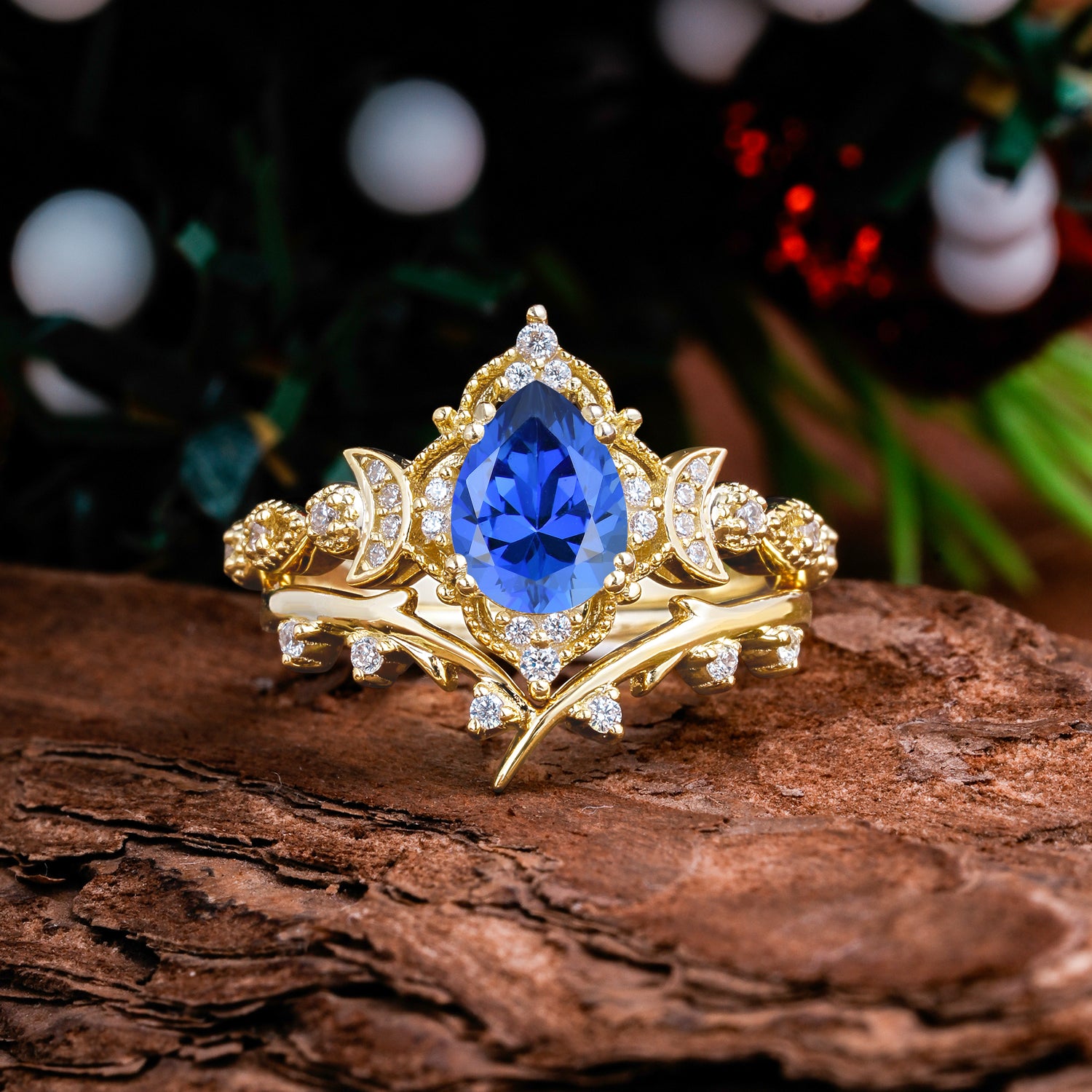 Unique Pear Shaped Sapphire Engagement Ring Bridal Set