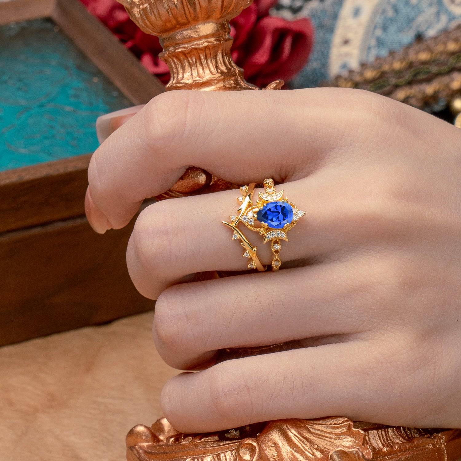 Unique Pear Shaped Sapphire Engagement Ring Bridal Set