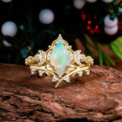 Unique Pear Shaped Engagement Ring Set Opal Cluster Wedding Band